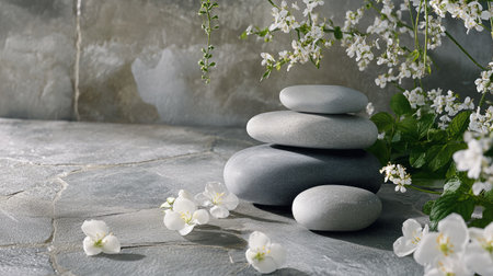 Elegant spa stones placed on a stone slab, with flowers gently surrounding them, evoking a sense of harmony.の素材