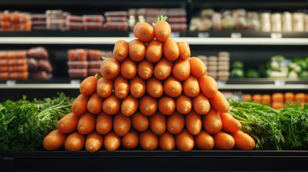 Fresh organic carrots arranged in a pyramid shape on the supermarket shelf, with natural lighting highlighting their texture.の素材