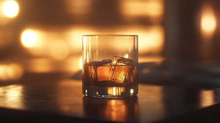 A close-up of a whiskey cocktail in a glass on a podium, surrounded by dim lighting to create a cozy ambiance.の素材