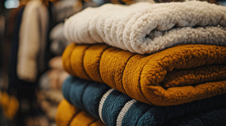 A cozy stack of fleece-lined winter jackets, neatly folded in a clothing store, showcasing their softness and warmth.の素材