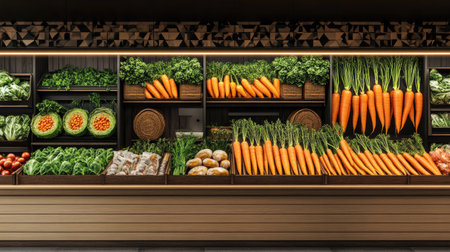 Organic orange carrots displayed neatly on a wooden table in a supermarket, with soft lighting highlighting their natural color.の素材