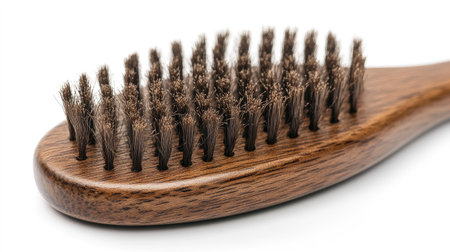 A close-up shot of a brush with several hair strands on it, isolated on white, representing hair loss.の素材