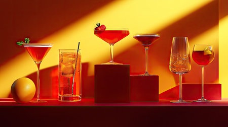 An assortment of cocktail glasses with refreshing alcoholic drinks, placed on podiums, ready for a stylish event.の素材