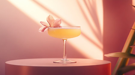 A cocktail glass with an elegant garnish, resting on a podium, with a soft-focus background to highlight its details.の素材