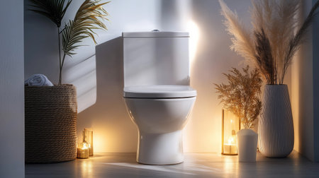 A clean white toilet bowl with a decorative seat cover, surrounded by minimalistic bathroom decor and soft lighting.の素材