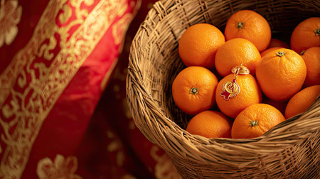 A close-up of a rattan basket with oranges and a lucky charm, set against a bold red and gold festive backdropの素材