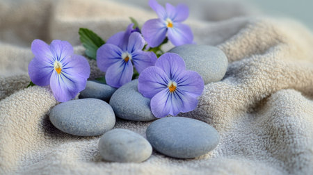 Spa stones arranged with blooming flowers on a soft towel, representing peaceful relaxation and pampering.の素材