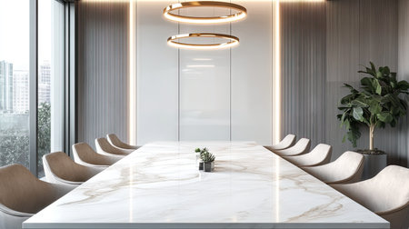 A marble conference table with sleek chairs in a bright, modern office spaceの素材