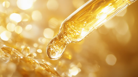 A close-up of a dropper dispensing clear serum onto a hand, with an elegant and calming feel to the photo.の素材