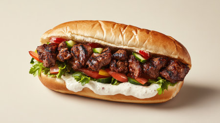 A close-up shot of a juicy kebab sandwich filled with grilled meat, vegetables, and creamy sauce, isolated on a clean surface.の素材
