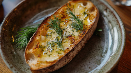 A close-up of a toasted baguette with melted garlic butter, rosemary, and dill, served on a ceramic plateの素材
