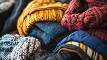 A close-up of a pile of cozy winter jackets in various styles, folded with care, ideal for chilly weather.の素材