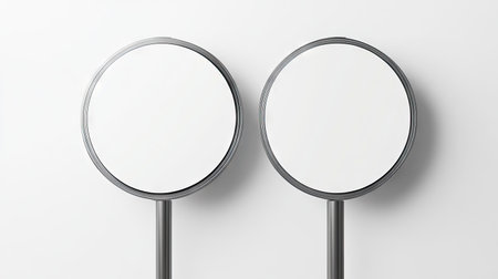 A double-sided round signboard mockup with white backgrounds, mounted on a metal poleの素材