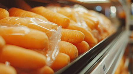 A close-up of organic carrots with smooth skin and vibrant orange color on the supermarket shelf, with a blurred background.の素材