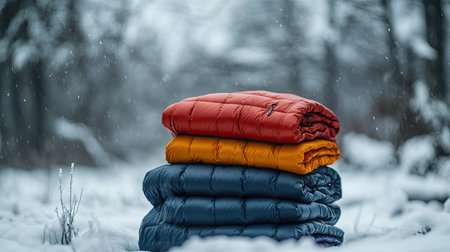 A collection of warm winter jackets neatly folded in a stack, with a soft, snowy backdrop behind them.の素材