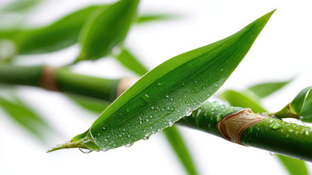 High-resolution close-up of bamboo stem and leaf nodes, cleanly isolated on a white backgroundの素材