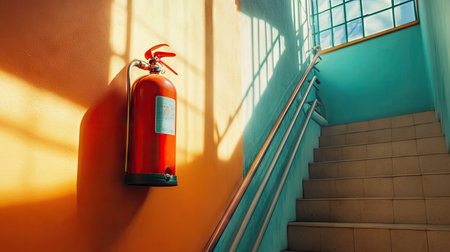 A brightly colored fire extinguisher mounted near a staircase, with clear access in case of emergencyの素材