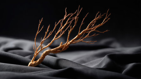 Lonely, fractured dead tree branch isolated on soft black cloth with gentle lightingの素材