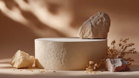 Minimalist stone podium on beige background with soft shadows, perfect for natural skincare product displayの素材