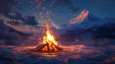 A vibrant campfire surrounded by fresh snow, with sparks flying upward against a serene mountain backdrop.の素材