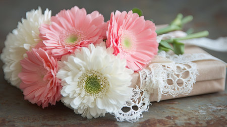 A close-up of a gift box decorated with fresh pink carnations and white gerberas, tied with a lace ribbon on a rustic surfaceの素材