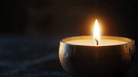 A burning candle in a holder, its bright flame shining through the black background, highlighting its soft glow.の素材