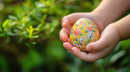 A child's hands holding a beautifully decorated Easter egg, with blurred greenery in the backgroundの素材
