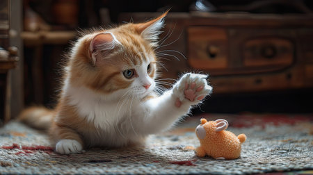 A cute cat pawing at a fluffy toy mouse, sitting on a soft rug, with a focused expression and its tail swishing in the background.の素材