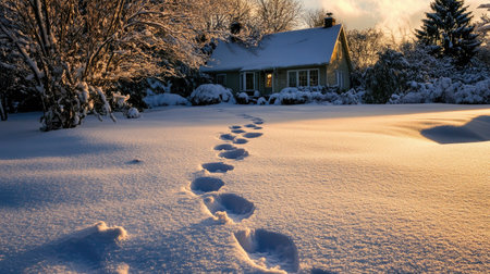 A cat's tiny paw prints marking a snowy pathway leading toward a warm home.の素材