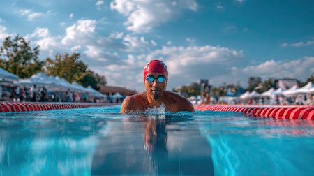 Male swimmer wearing a swim cap and goggles, in starting position at the edge of a competition poolの素材