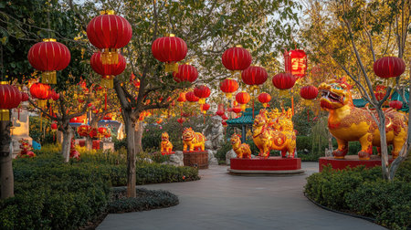 A bright and cheerful outdoor scene with red lanterns hanging from trees and large zodiac figures for Chinese New Year celebrationsの素材