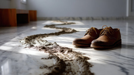 Messy mud shoe prints curving across a polished floor, implying movement and activityの素材