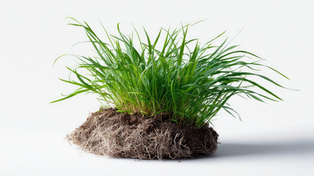 Isolated clump of green grass with visible roots and soil, placed on a pure white backgroundの素材