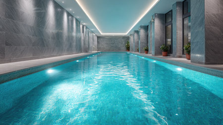 Indoor pool with bright turquoise water and modern stone tiles, bathed in soft overhead lightingの素材