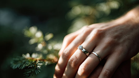 Macro shot of hands holding with rings shining, captured against blurred greeneryの素材