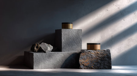 Minimalist product podium with slate and granite fragments on a shadowed surfaceの素材
