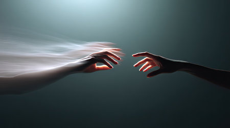 Hands reaching toward each other with motion blur, captured in a surreal minimalist styleの素材
