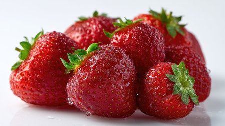Group of fresh strawberries with droplets of water, isolated on a crisp white backgroundの素材