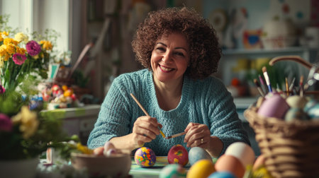 A cheerful woman sitting at a table, carefully painting a colorful Easter egg with a small brush, surrounded by craft supplies and a basket of eggsの素材