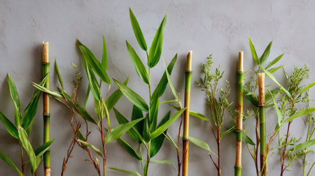 Group of thin green bamboo sticks and leafy shoots arranged vertically on a neutral backgroundの素材