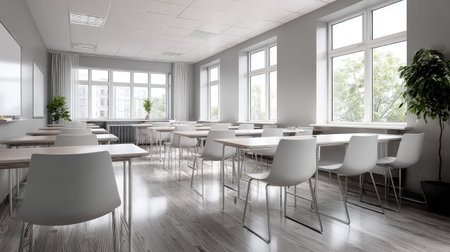 Minimalist design classroom featuring gray desks and white chairs, organized layout with no peopleの素材
