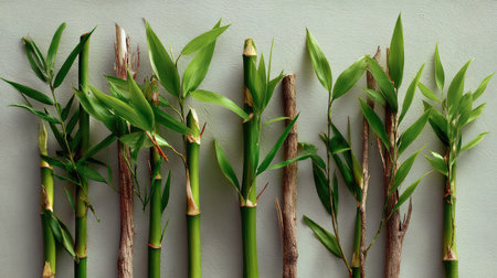 Group of thin green bamboo sticks and leafy shoots arranged vertically on a neutral backgroundの素材