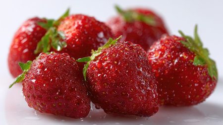 Isolated ripe strawberries with natural water droplets, creating a fresh, dewy look against a plain white backgroundの素材