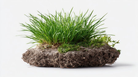 Isolated clump of green grass with visible roots and soil, placed on a pure white backgroundの素材