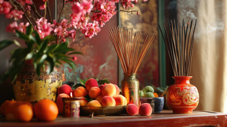 A Chinese New Year altar adorned with fresh peach blossoms, incense sticks, and symbolic fruits for good luckの素材