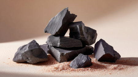 Broken black stones laid on smooth neutral-colored background, styled with depth and textureの素材