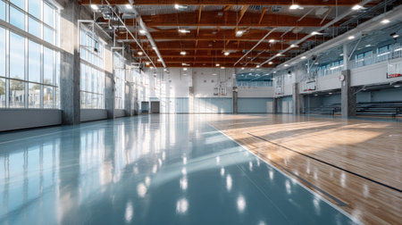 Clean indoor basketball gym with bright lighting and court lines clearly visible, no playersの素材