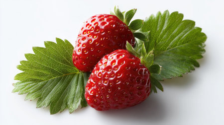 Bright red strawberries with their green leaves intact, isolated against a crisp white background for a clean, fresh aestheticの素材