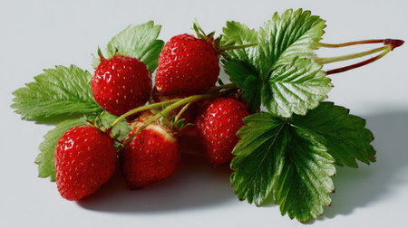 Bright red strawberries with their green leaves intact, isolated against a crisp white background for a clean, fresh aestheticの素材