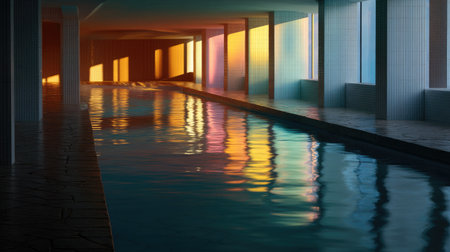 Calm and peaceful indoor pool with vibrant lighting and soft reflections on the water's surfaceの素材